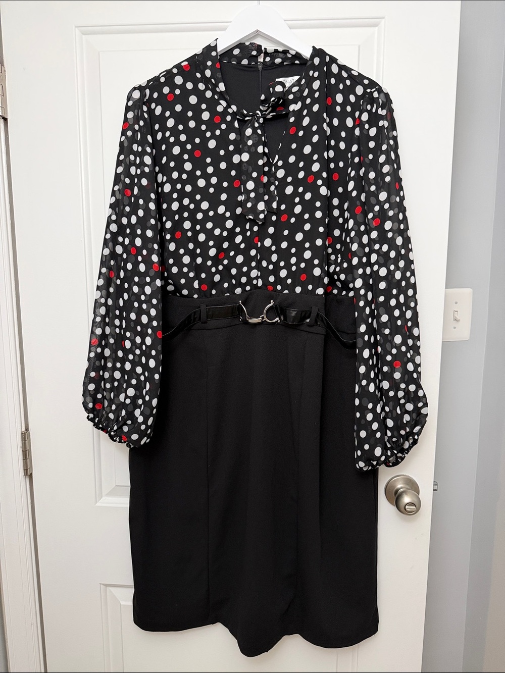 Vintage Signature by Robbie Bee Black Polka Dot Tie-Neck Long Sleeve Dress